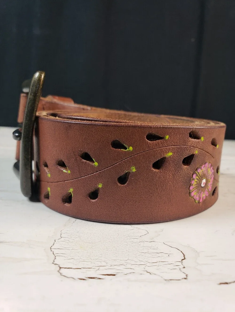 Handpainted Floral Vine Motif  Leather Belt in Brown in size XL
